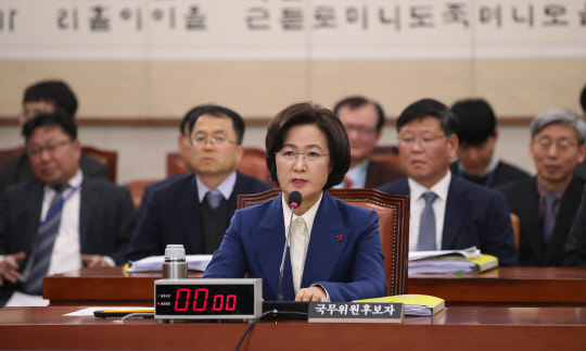 추미애 법무부 장관 후보자가 30일 오전 국회에서 열린 법제사법위원회 인사청문회에서 의원들 질의에 답하고 있다.  <연합뉴스>